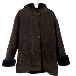 Amber Stone Women Size Small Hooded Suede Jacket Brown Faux‎ Fur Trim Toggle